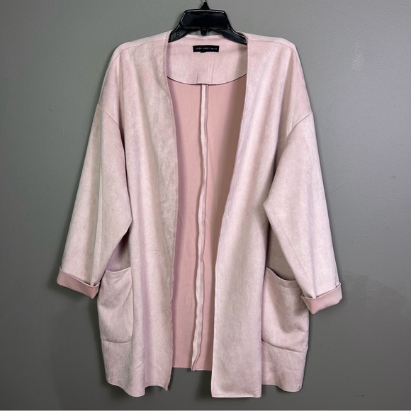 Joan Vas faux suede jacket 2X blush pink longline cascade cardigan capsule - Picture 3 of 8